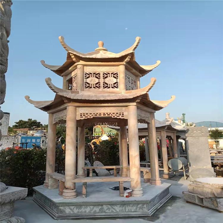 双层室外景观凉亭 六角亭子 大理石材质 晚霞红凉亭