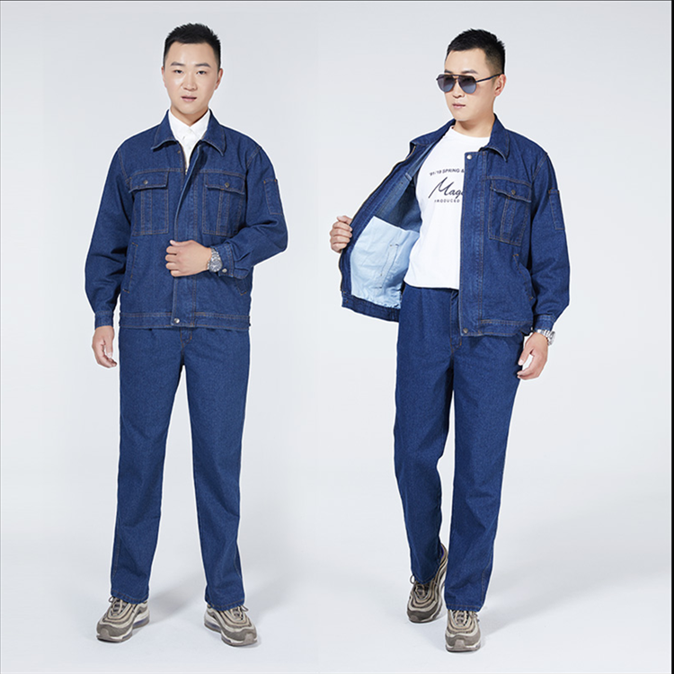 铜拉链时尚牛仔工作服套装男秋冬款劳保服焊工纯棉加厚耐磨防烫抗击火花