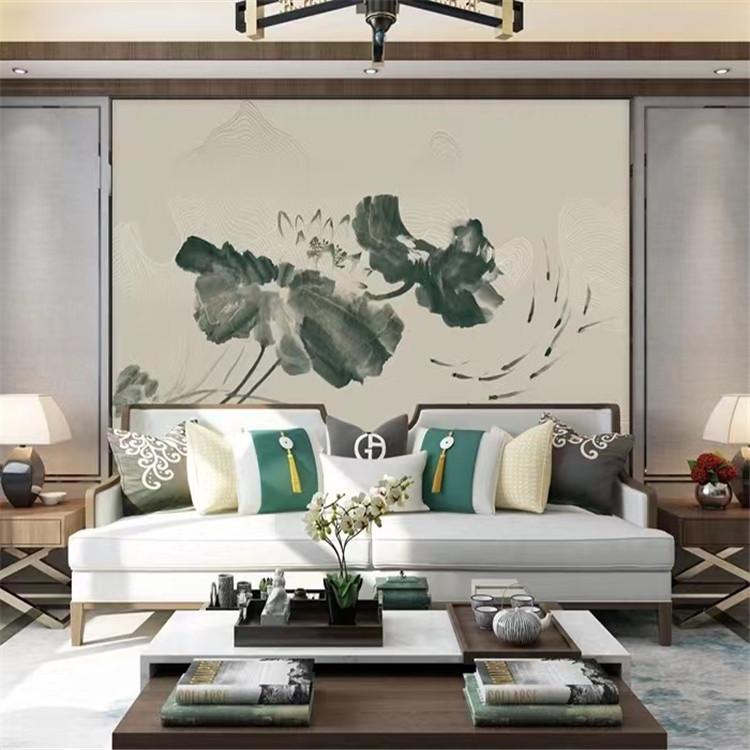 中式立体壁画迎客松壁纸山水风景画墙纸流水生财客厅电视背景墙