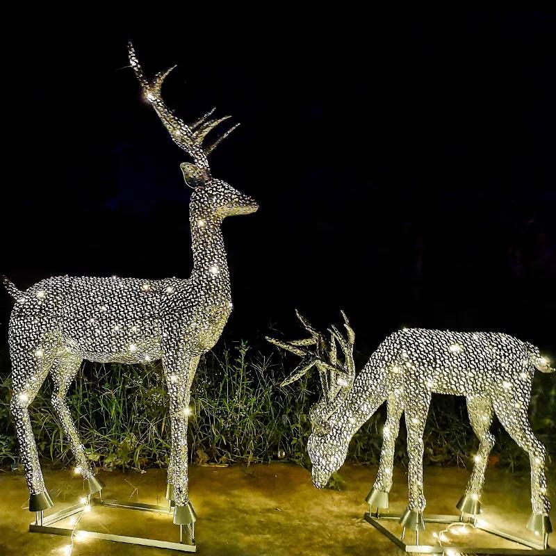 不锈钢发光雕塑 不锈钢小鹿雕塑 不锈钢动物镂空雕塑厂家