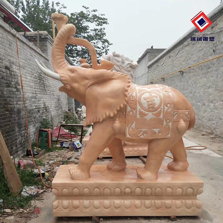 石雕大象一对晚霞红石象庭院门口摆件汉白玉看门镇宅吸财风水象