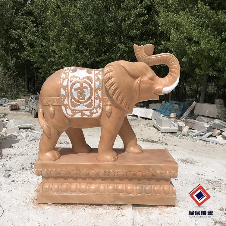石象一对看门镇宅晚霞红石雕大象一对汉白玉门口风水象招财摆件