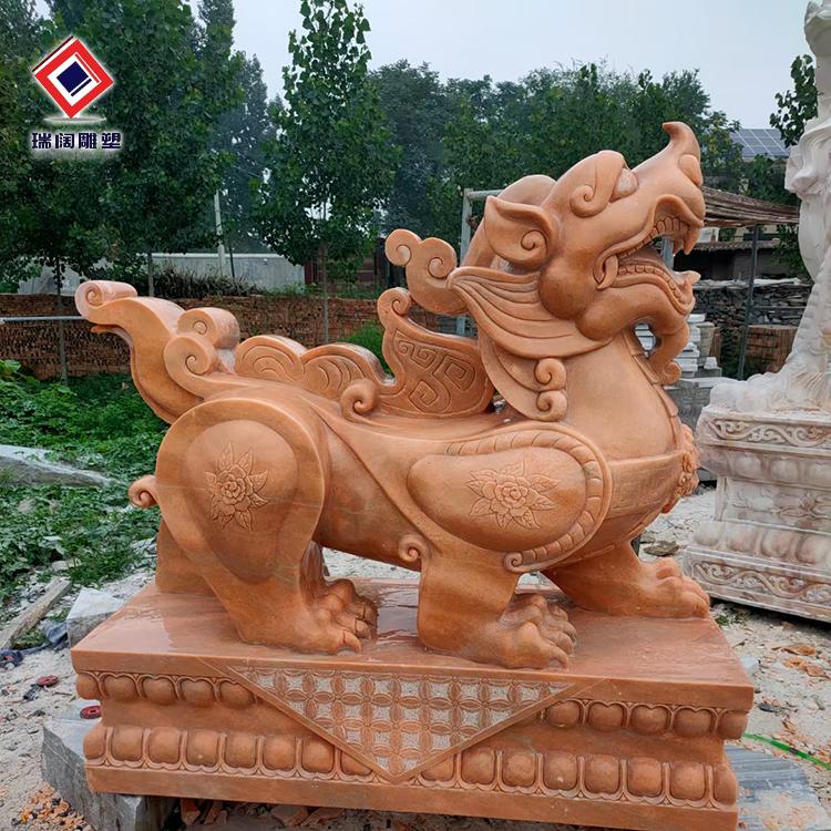 石雕貔貅一对招财晚霞红石鼓麒麟家用风水门口看门镇宅摆件石头