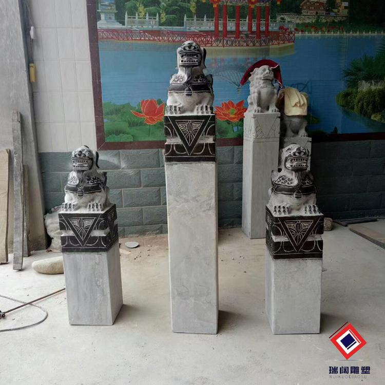 仿古做旧青石雕桩拴马一对别墅庭院酒店家用狮子四神兽栓马石庄柱