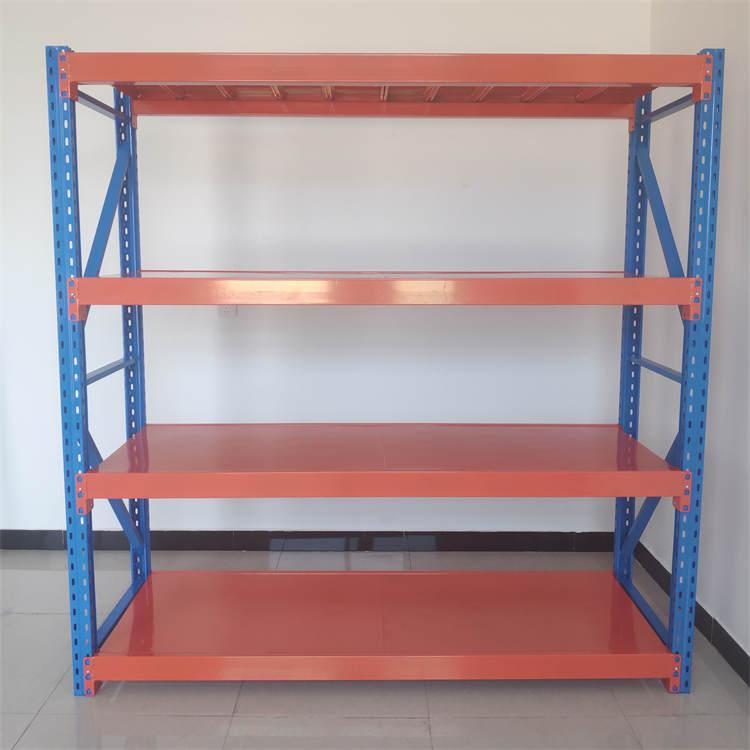中型仓储货架   横梁高度可调节，主副架可无限连接，增加货架牢固度，节省投入，适用于中小货物存储，以人力，手工搬运为主，可按照货物尺寸定做