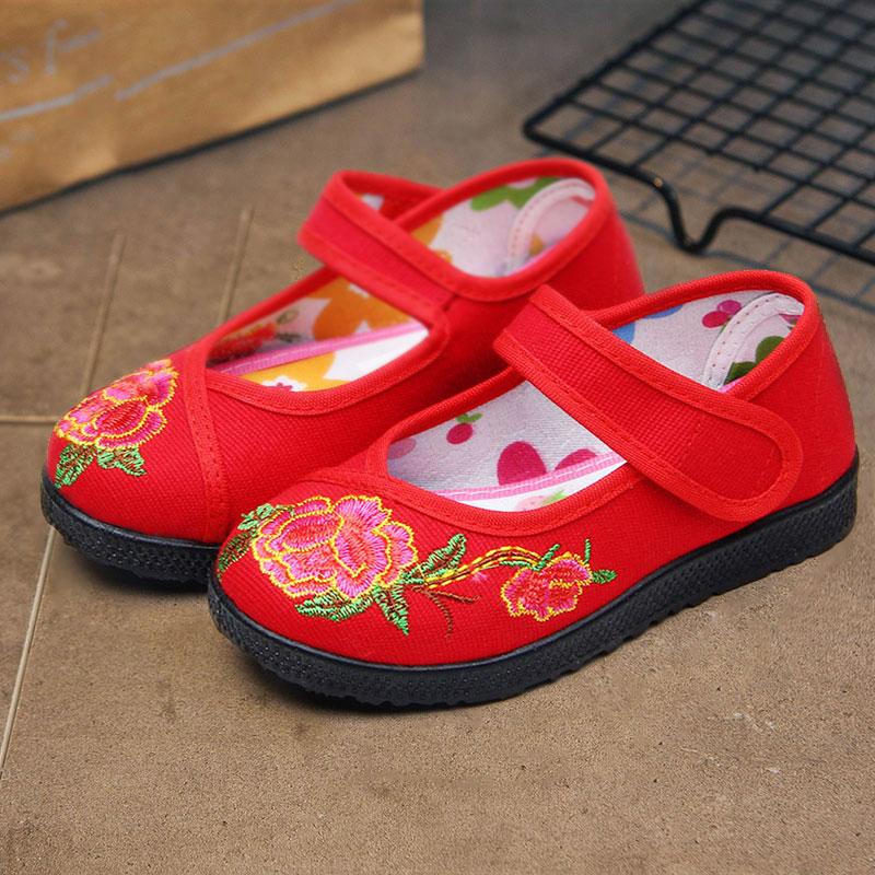 女童鞋古典红色富贵牡丹汉服鞋民族古装手工软底舒适女童绣花鞋