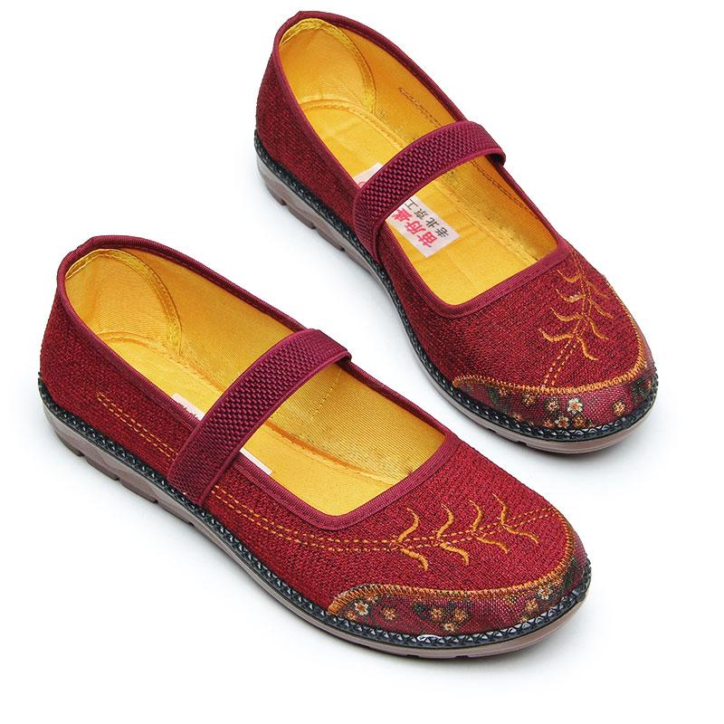 苗府盛源祥春秋绣花双色新款平底跳舞布鞋舒适松紧带一脚蹬妈妈鞋 30-37舞蹈 红