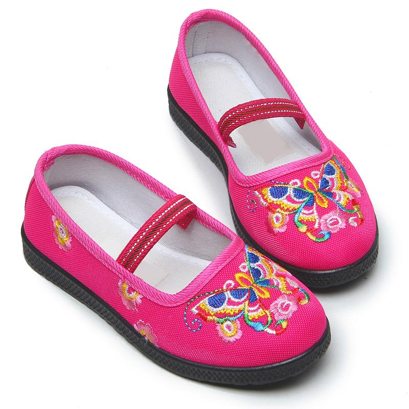 苗府盛源祥女童绣花鞋大童汉服粉鞋子古装手工名族汉鞋儿童弹性软底表演工艺绣花小童鞋