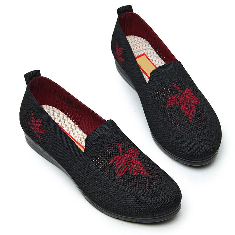 新款黑色红色中老年软底平跟单鞋聚氨酯透气不捂脚妈妈秋季网面单鞋