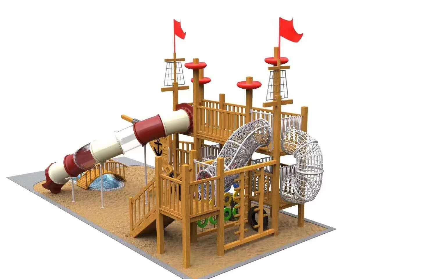 大型木质儿童滑梯组合户外木制体能拓展公园景区海盗船游乐设备